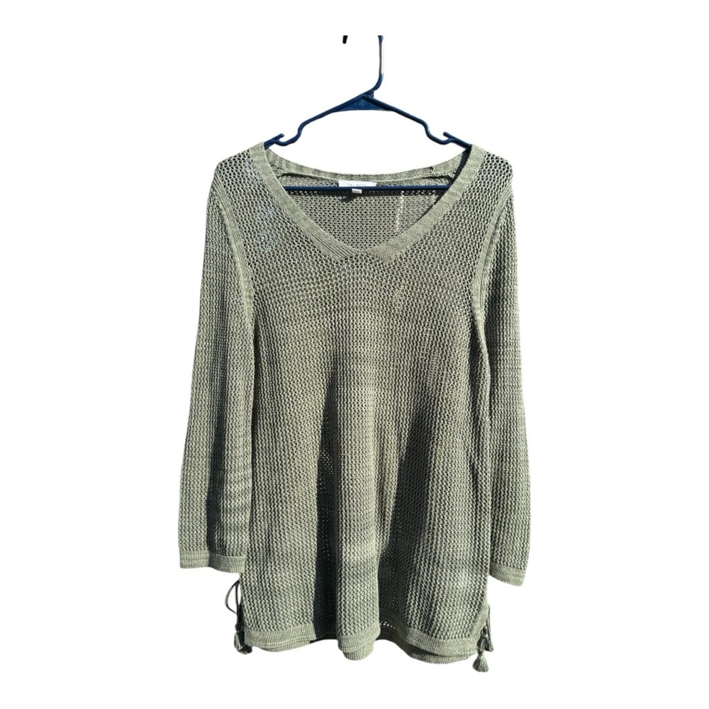 Talbots loose knit top sweater size Lp Green long sleeve with tassels